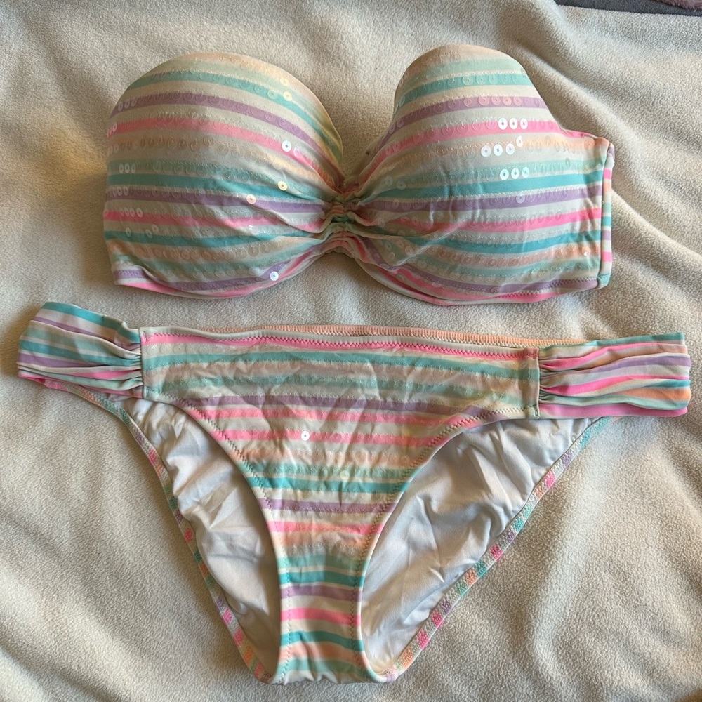 Lightly worn bandeau sequin rainbow swim suit 34DD and med bottoms